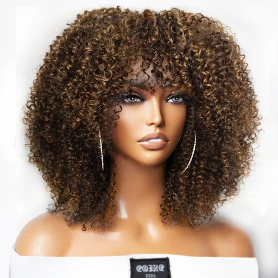 Short Afro Kinky Curly Wig With Bangs Peruvian Highlight Brown Glueless Full Machine Wig 250 Density For Black Women Human Hair