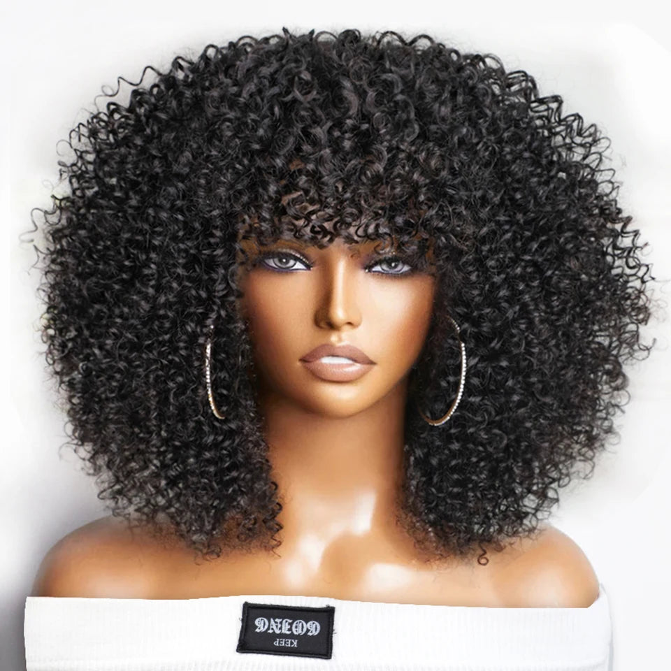 Short Afro Kinky Curly Wig With Bangs Peruvian Highlight Brown Glueless Full Machine Wig 250 Density For Black Women Human Hair