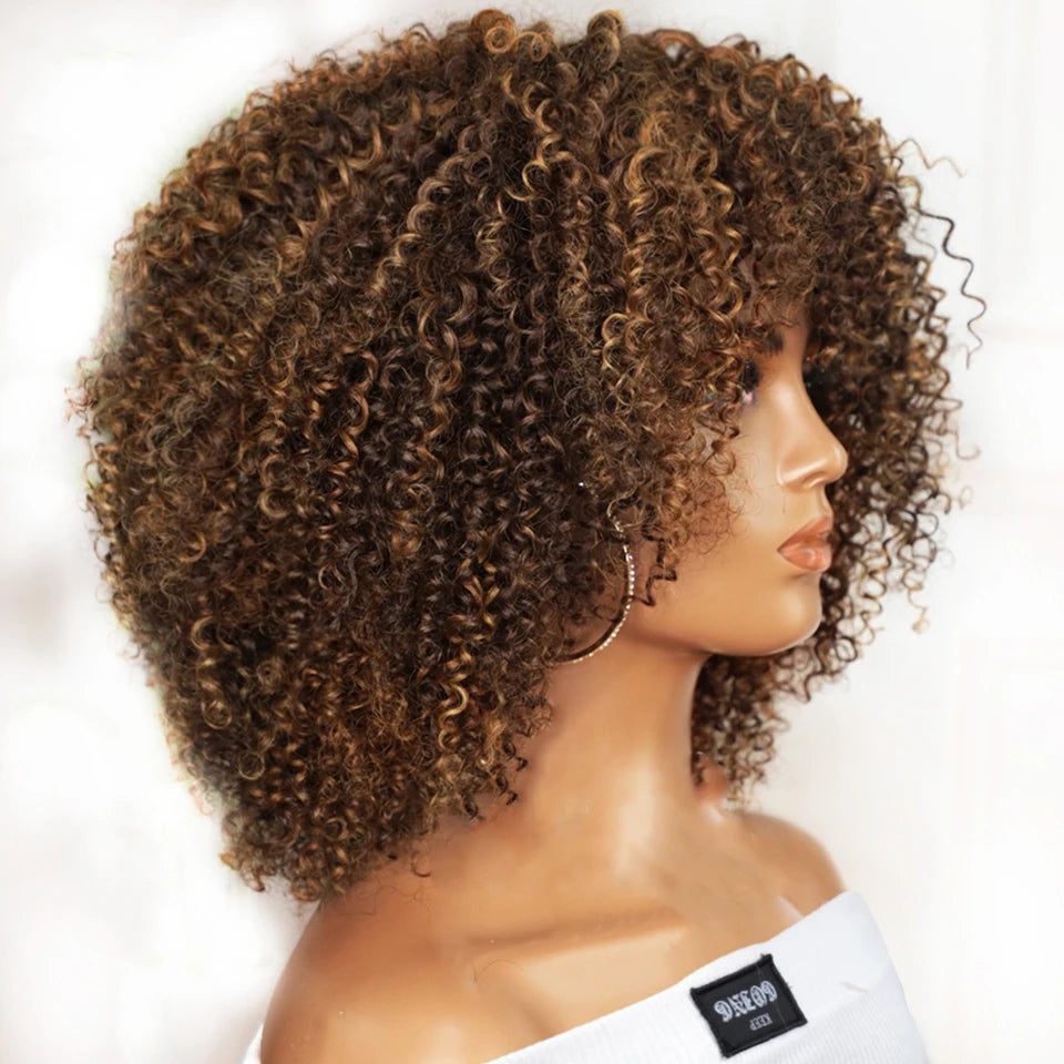 Short Afro Kinky Curly Wig With Bangs Peruvian Highlight Brown Glueless Full Machine Wig 250 Density For Black Women Human Hair