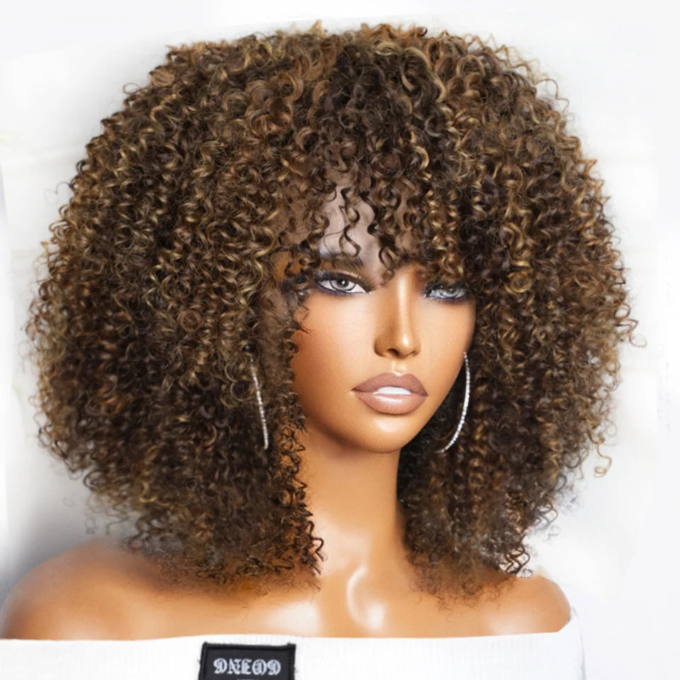 Short Afro Kinky Curly Wig With Bangs Peruvian Highlight Brown Glueless Full Machine Wig 250 Density For Black Women Human Hair