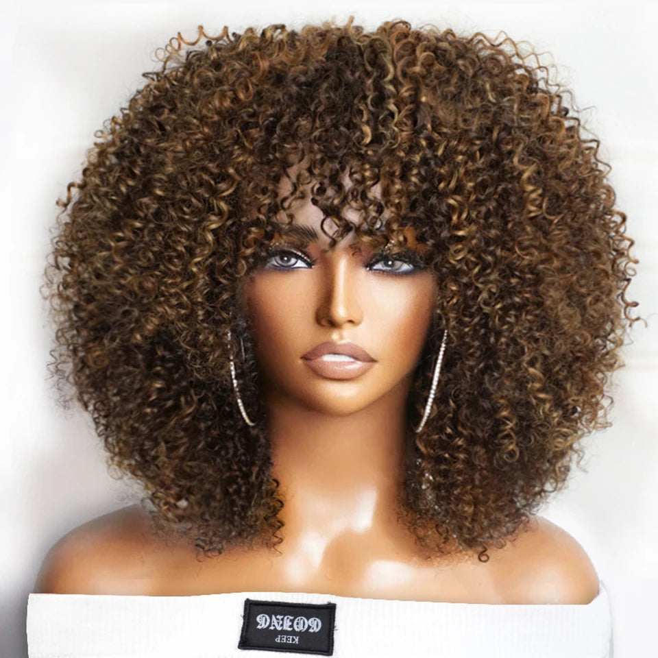 Short Afro Kinky Curly Wig With Bangs Peruvian Highlight Brown Glueless Full Machine Wig 250 Density For Black Women Human Hair