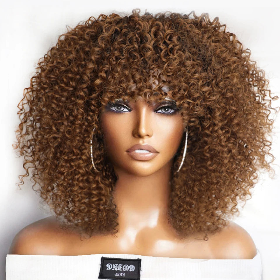 Short Afro Kinky Curly Wig With Bangs Peruvian Highlight Brown Glueless Full Machine Wig 250 Density For Black Women Human Hair