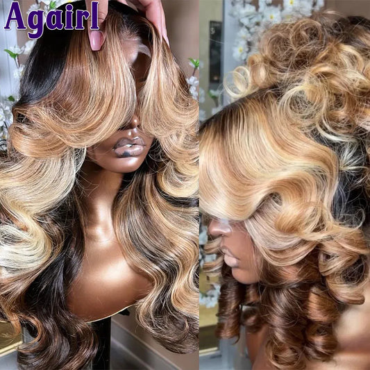 180% Highlight Honey Blonde With Black Glueless Human Hair Wigs Body Wave HD Transparent 13x6 13x4 Lace Frontal Wigs Pre Plucked